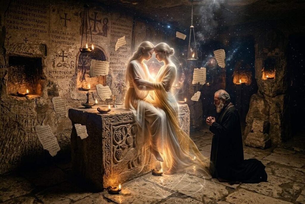 Androgynous mystical union showing two luminous figures merging into one form with Coptic inscriptions and sacred geometry