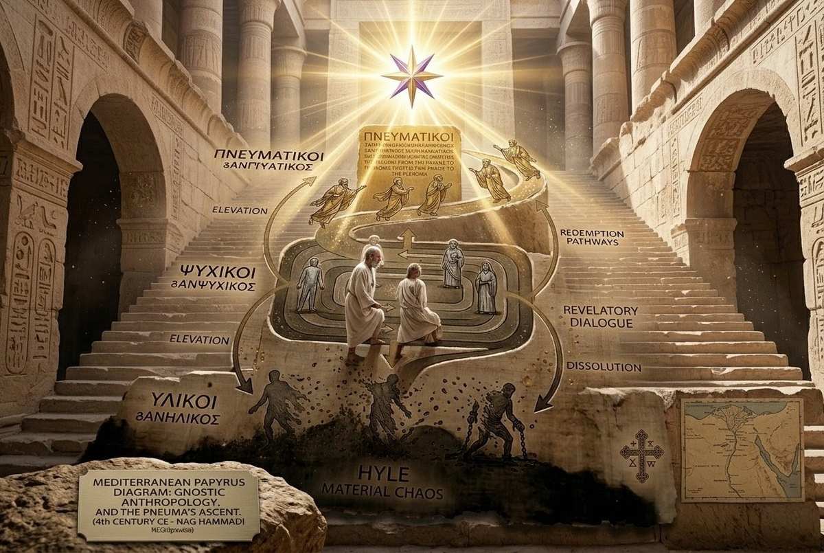 Three-tiered diagram showing pneumatikoi psychikoi and hylikoi with different eschatological destinations