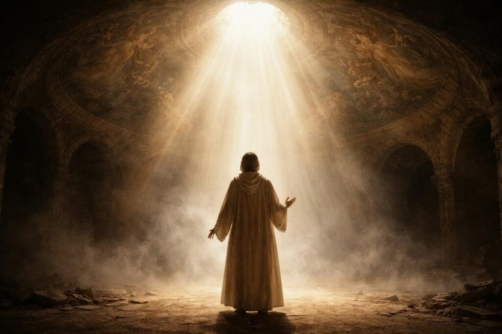 Solitary robed figure in darkened chamber facing breakthrough of brilliant divine light revealing cosmic patterns