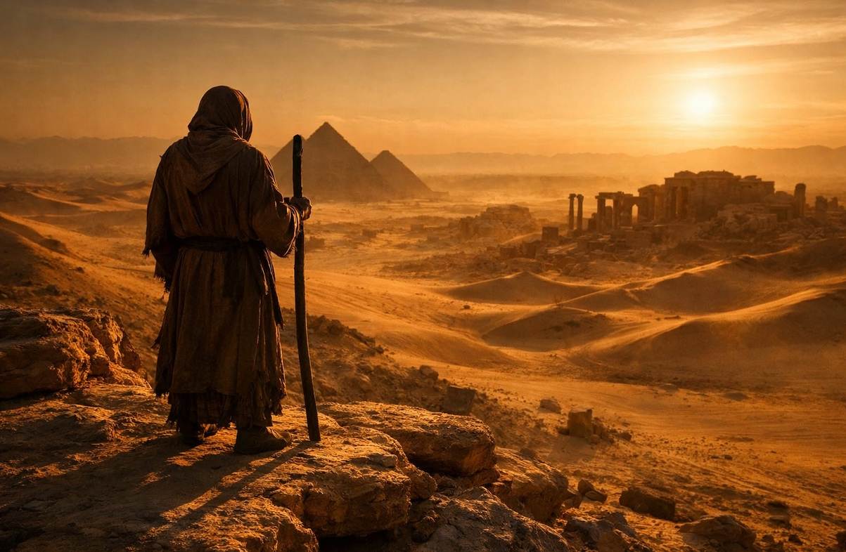 Ancient Egyptian desert landscape at dawn with a solitary figure holding a staff, representing the apostolic mission