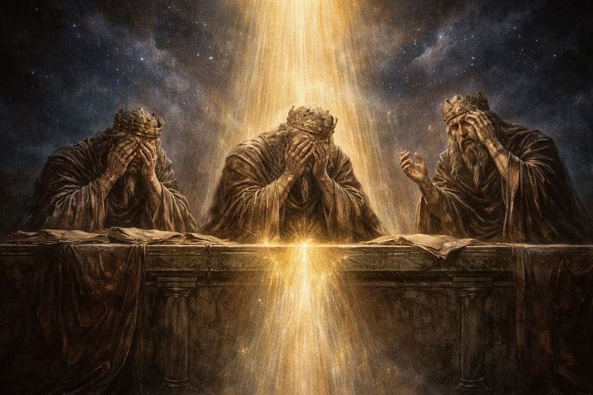 Ancient celestial scene showing robed figures weeping at a tribunal while light escapes upward