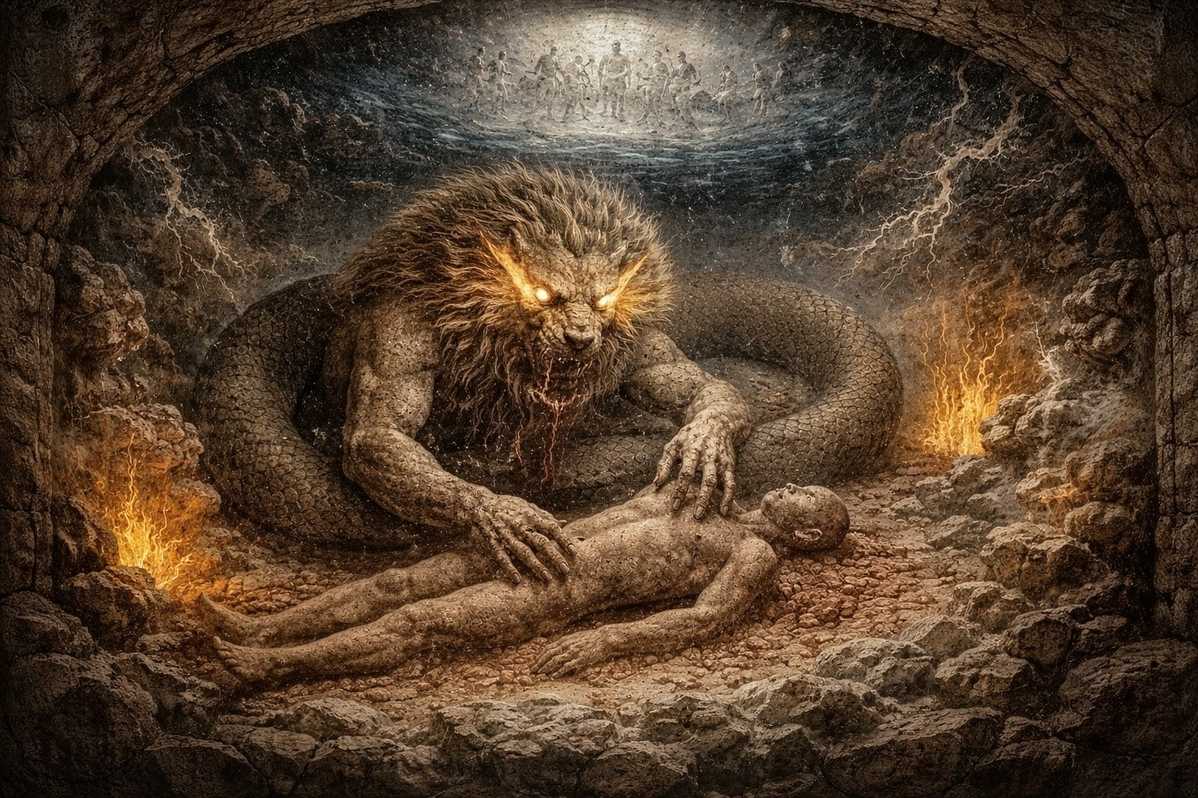 Ancient artistic depiction of the demiurge Yaldabaoth creating the material world