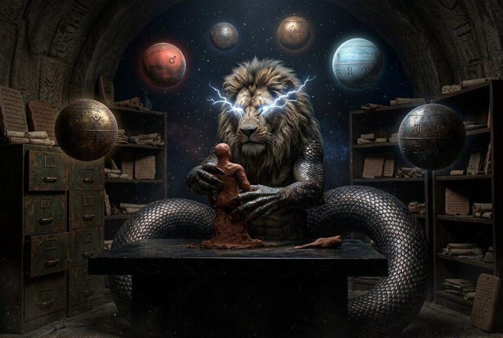 Monstrous lion-faced serpent deity Yaldabaoth with eyes like lightning crafting human figures from clay in chaotic cosmic void workshop
