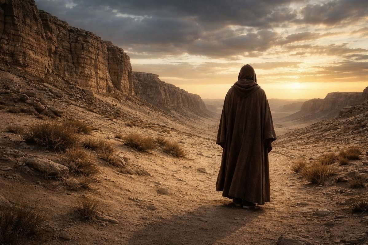 Solitary ascetic figure in an ancient desert landscape contemplating visionary ascent