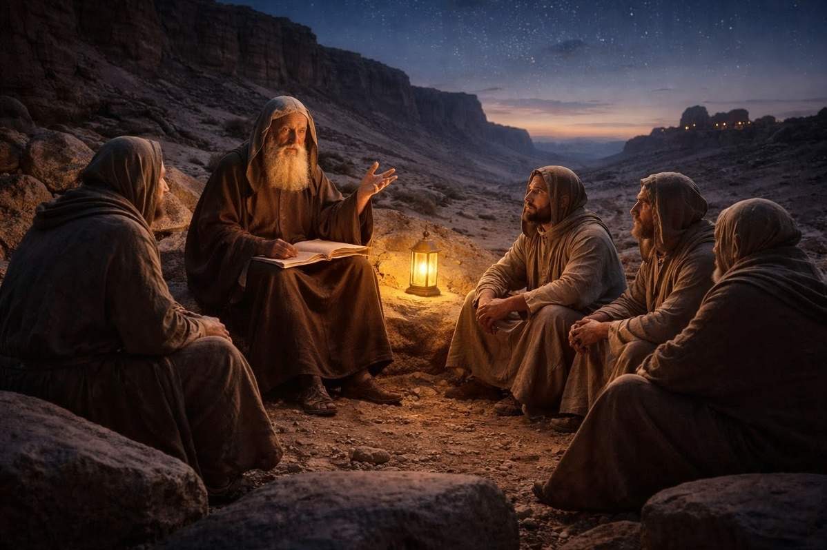 Ancient teacher instructing disciples in a desert setting at twilight, representing the return and teaching mission of Zostrianos