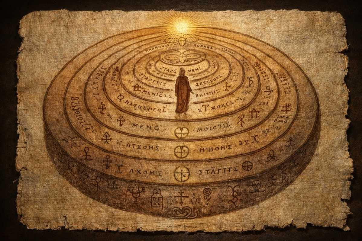 Ancient Sethian cosmological diagram showing thirteen aeons and ascent path through celestial spheres