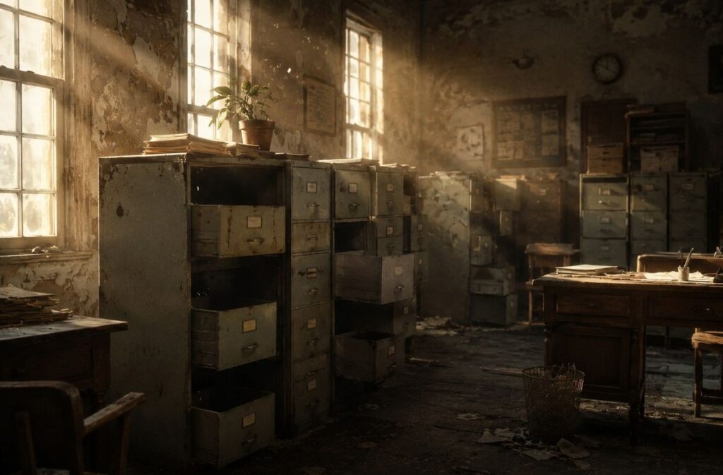 Empty filing cabinets in abandoned office with dust particles in afternoon light