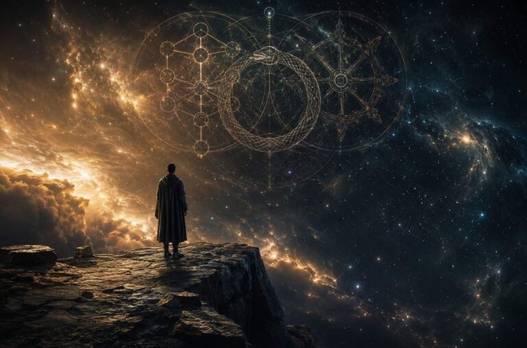 Lone figure at cosmic precipice with Tree of Life, ouroboros, and dharma wheel floating above