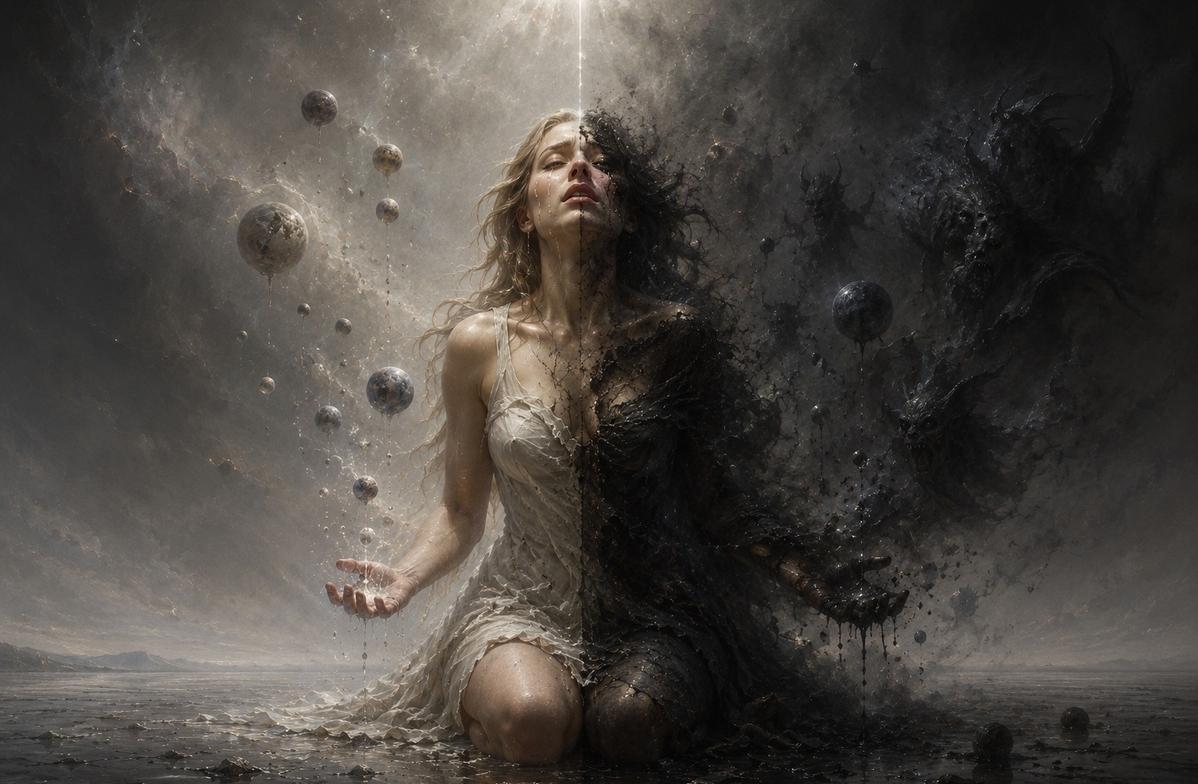 A feminine figure kneeling in a grey void, half luminous and half dissolving into shadow