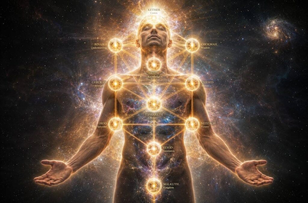 Adam Kadmon divine human figure with Tree of Life superimposed and cosmic light emanating