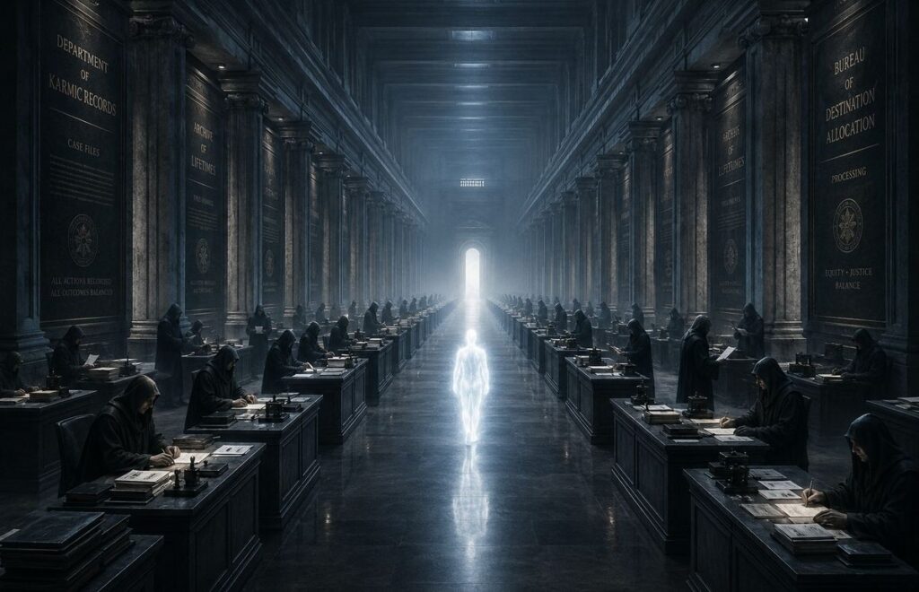 Long dark corridor with classical columns, bureaucratic desks, and shadowy figures processing papers