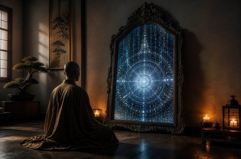 Contemplative figure before a mirror reflecting geometric light mandala