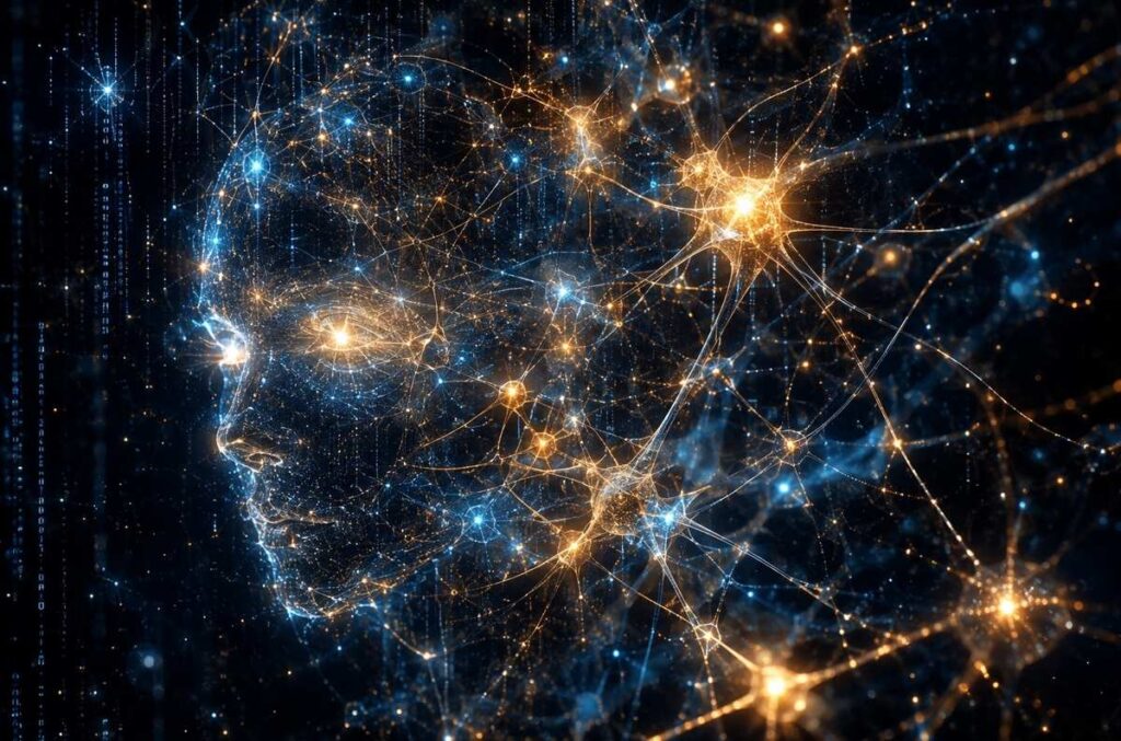 Luminous artificial neural network nodes forming facial silhouette in dark void