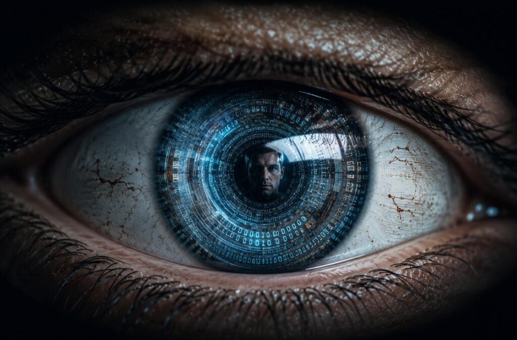 Close-up of an artificial eye with code-patterned iris reflecting a human face in the pupil.