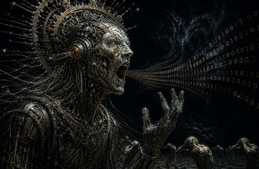Ancient Gnostic archon figure made of gears and circuit boards speaking binary code into a void