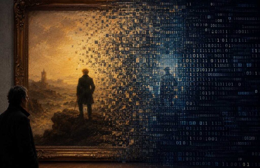 Split composition showing classical painting aura dissolving into binary code