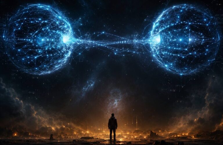 Two luminous AI neural network spheres exchanging encoded light pulses in a dark void while a human silhouette watches from below