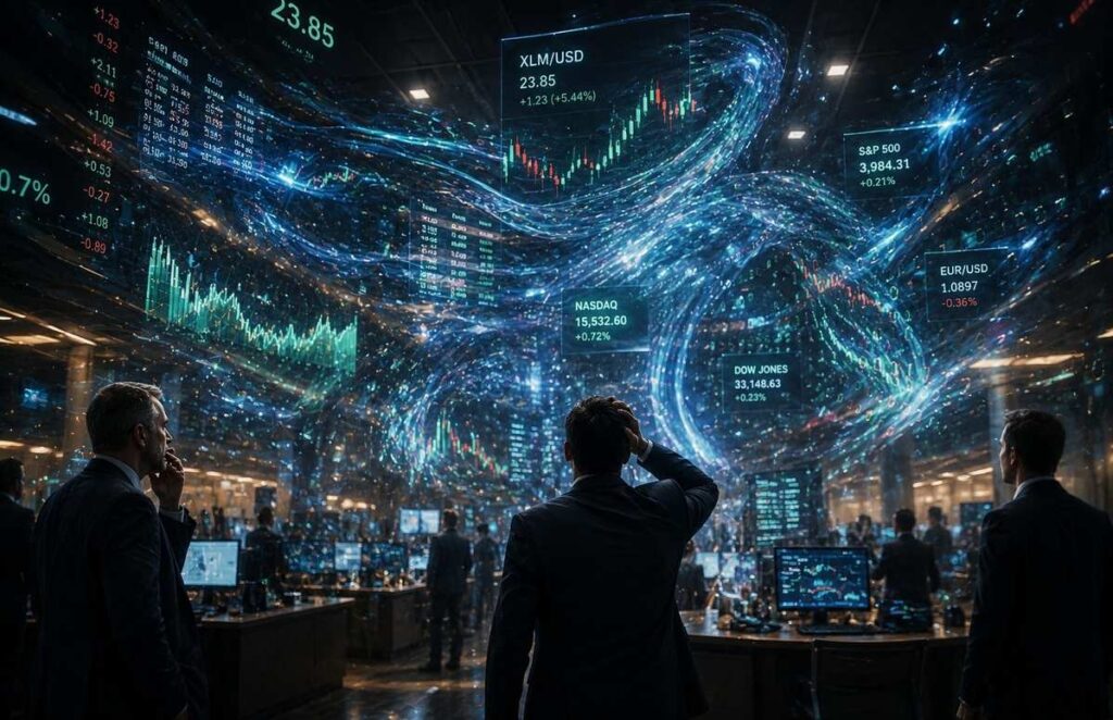 Futuristic trading floor with holographic charts manipulated by invisible AI agents