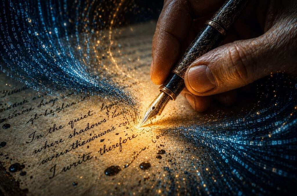 Human hand writing poetry with fountain pen while binary streams flow around it unable to penetrate the paper