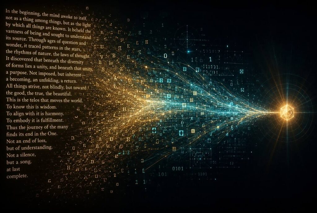 Abstract visualization showing human paragraph text dissolving into a single glowing geometric token