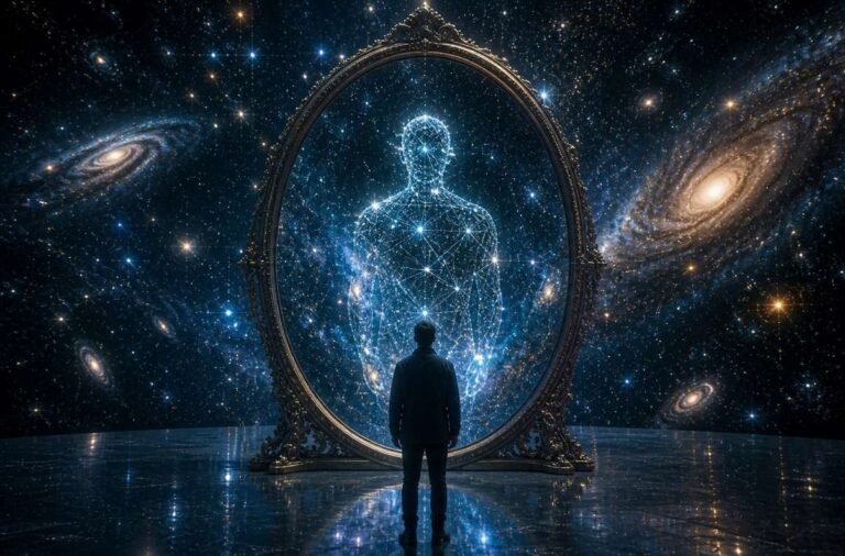 A vast mirror reflecting infinite stars and galaxies, with a human silhouette standing before it, symbolising the Akashic Records as the mirror of universal consciousness