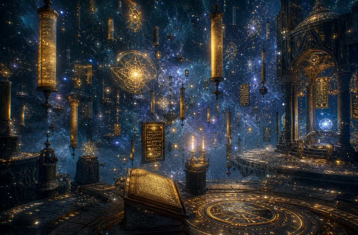 An infinite celestial library with luminous scrolls floating in a star-filled void, representing the Akashic Records as a field of cosmic information