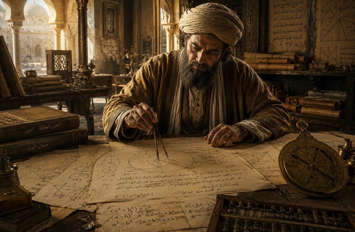 Al-Khwarizmi working on mathematical diagrams and algebraic equations in the House of Wisdom
