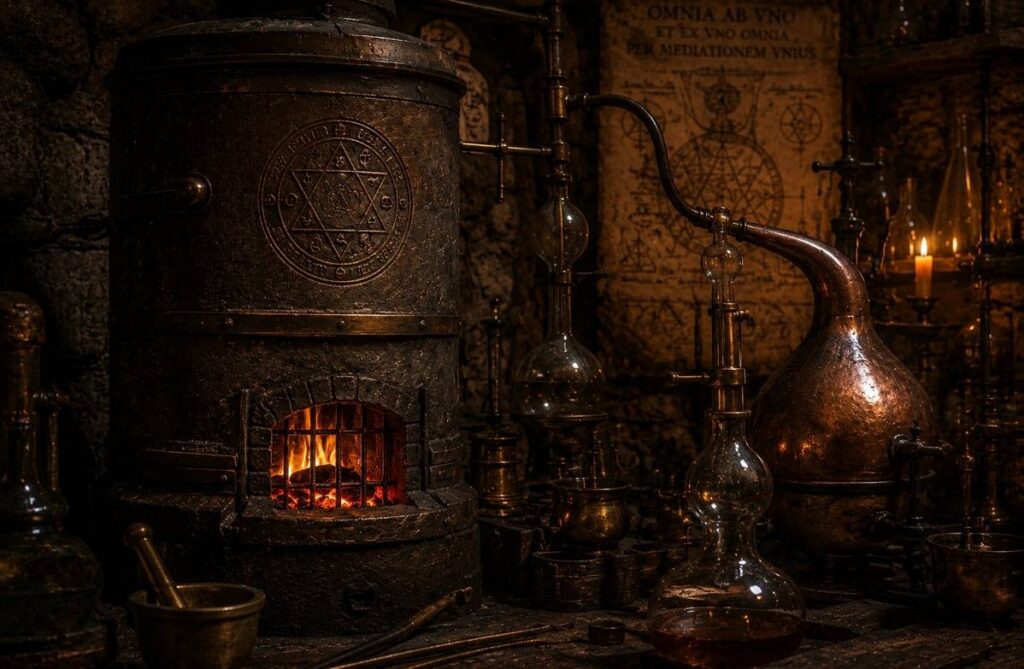 Ancient alchemical athanor furnace with flames and distillation apparatus symbolising separation and reunion