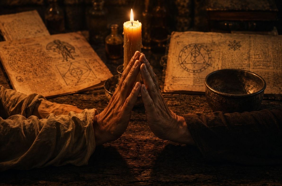 Two figures in candlelit chamber performing a shared contemplative ritual with hands joined