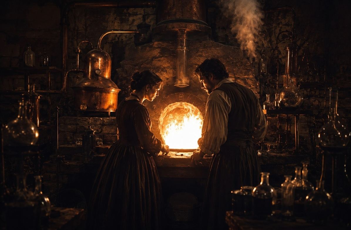 Two figures standing before a glowing alchemical furnace with flames reflecting in their eyes