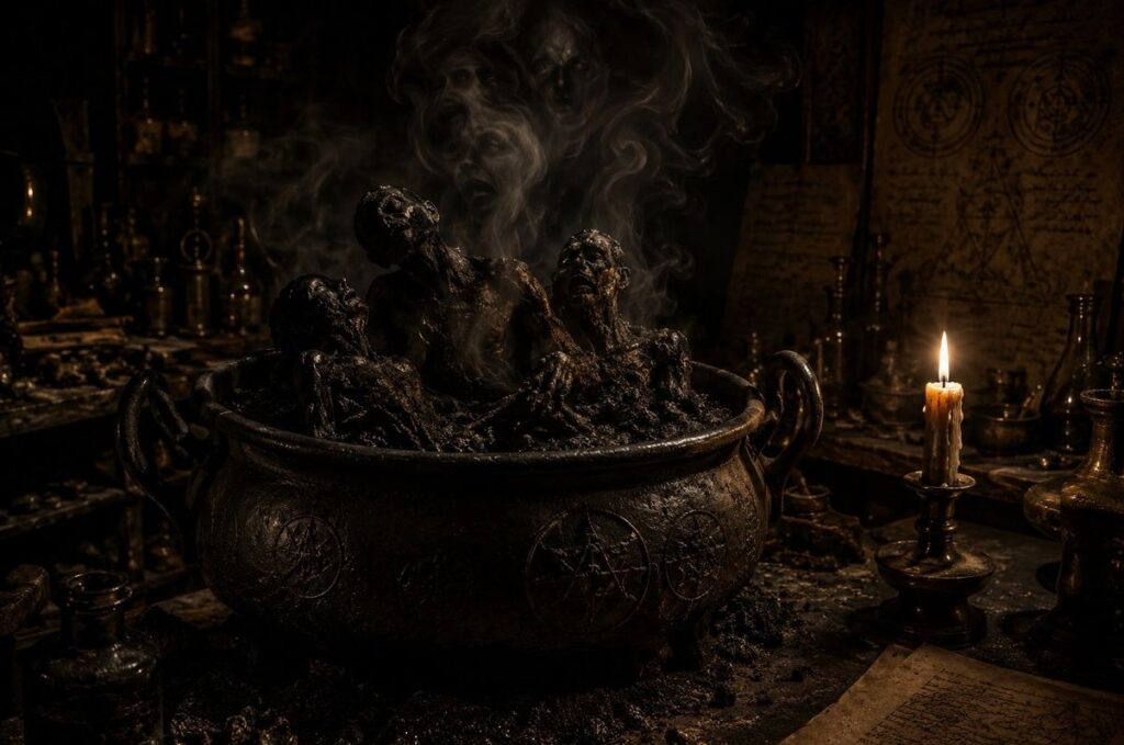 A dark alchemical vessel containing decomposing matter suggesting repressed shadow content
