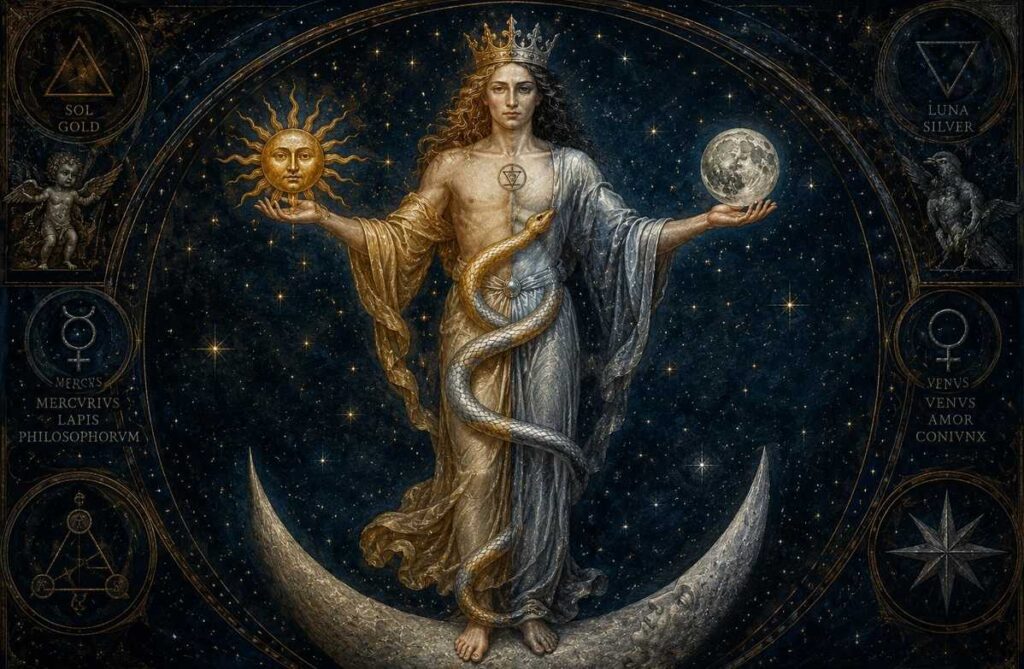 The androgynous alchemical rebis figure standing on a crescent moon, crowned with gold and silver, holding sun and moon.