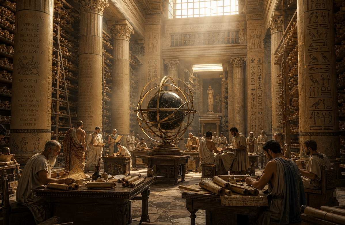 Ancient Alexandria library with scrolls and celestial sphere models representing philosophical synthesis