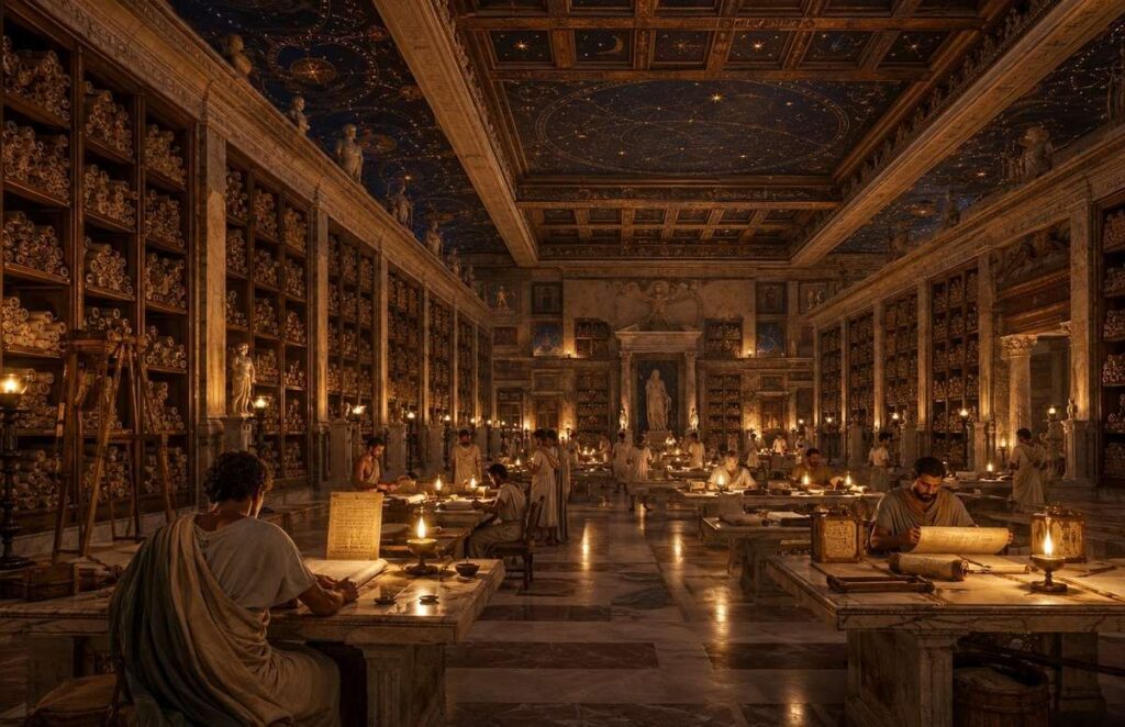 The interior of the ancient Library of Alexandria with scholars studying scrolls at marble tables, oil lamps illuminating papyrus scrolls in wooden niches