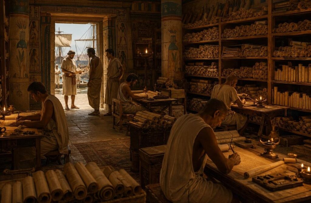 Ancient Egyptian scribes in a scriptorium copying confiscated papyrus scrolls by lamplight with organised shelves of books from arriving ships
