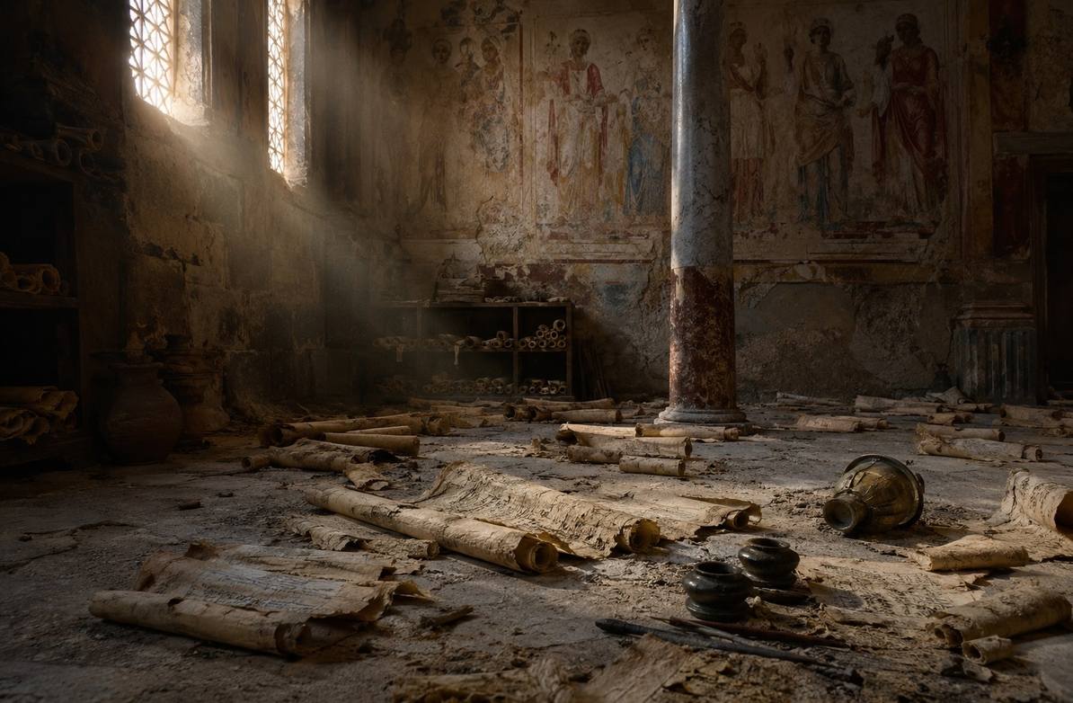 Abandoned scriptorium in Roman-era Alexandria with decaying papyrus scrolls and dust
