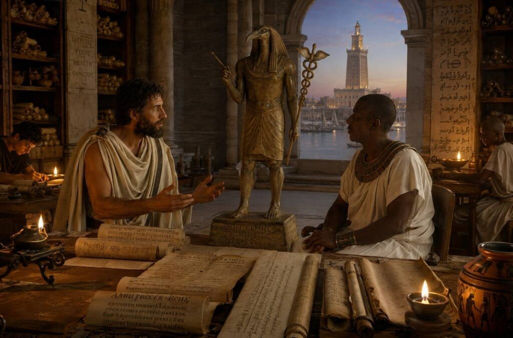 Second-century Alexandrian library with Greek and Egyptian scholars, scrolls, and syncretic Thoth-Hermes statue