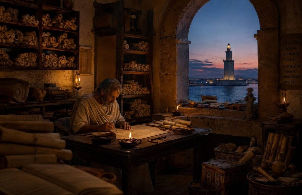 A second-century Alexandrian library interior with a scholar writing at a desk, the Pharos lighthouse visible through the window.