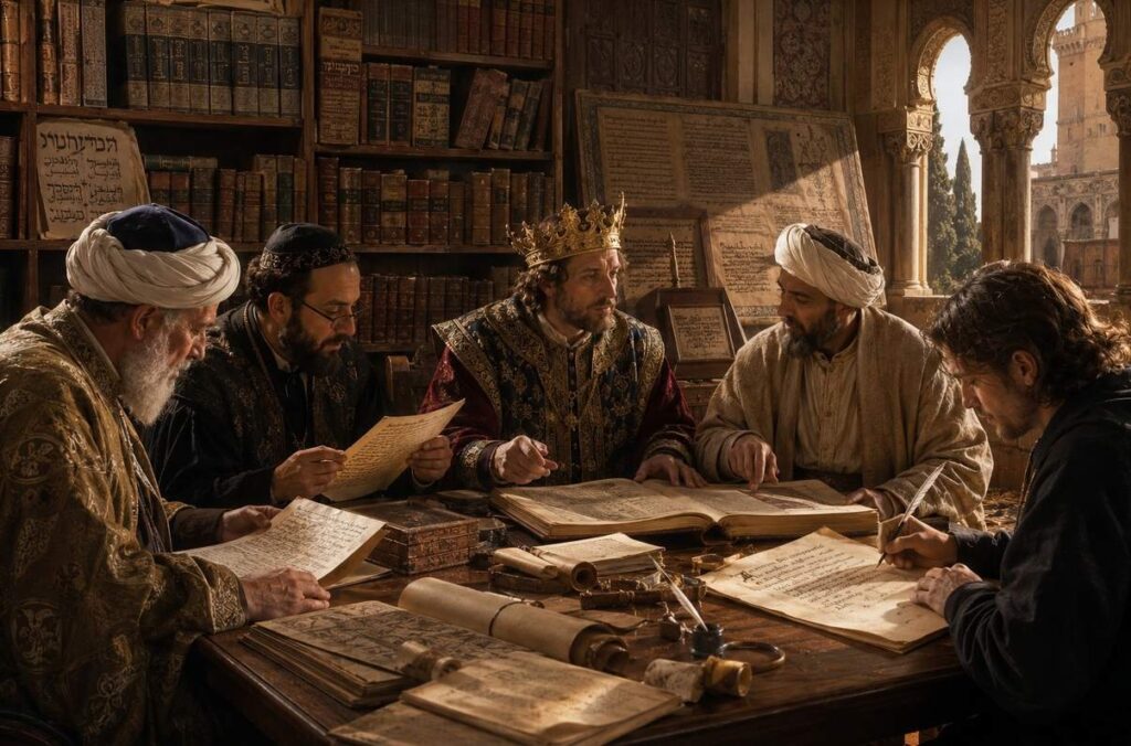 King Alfonso X seated in his royal scriptorium surrounded by Jewish Christian and Muslim scholars translating manuscripts into Castilian