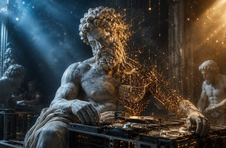 Classical sculpture of divine craftsman merged with server circuitry representing AI as modern Demiurge