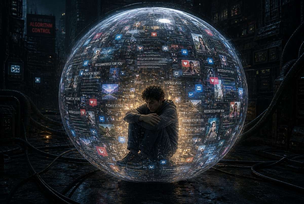A person trapped inside a transparent bubble made of algorithmic code and recommendation icons, representing the filter bubble of predicted desire