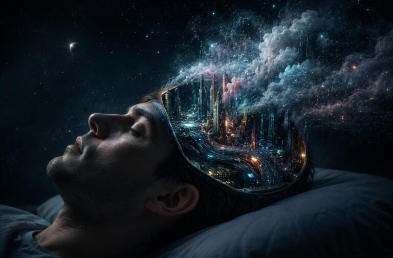 Sleeping human head with cranium open revealing miniature circuit board city inside