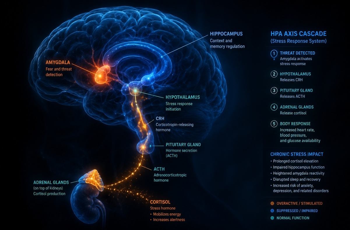 Anatomical brain visualization showing amygdala and HPA axis cascade