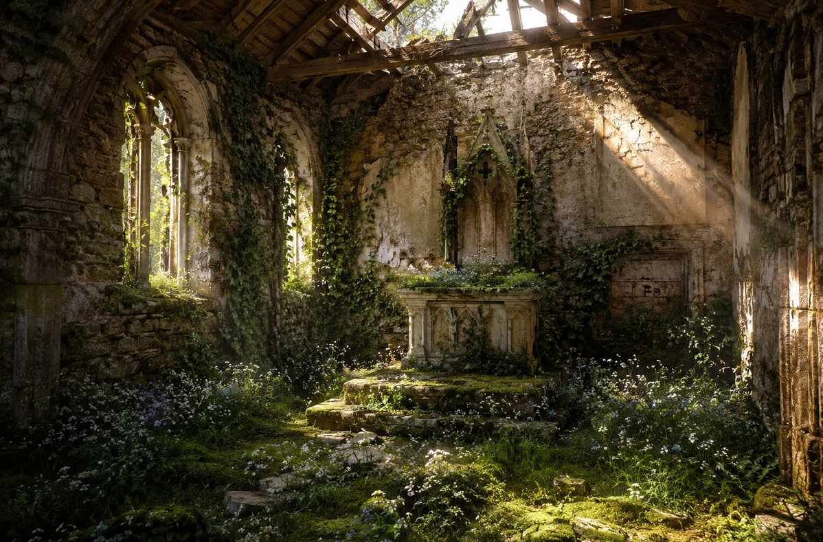Ancient stone chapel overgrown with moss and wildflowers light streaming through broken roof
