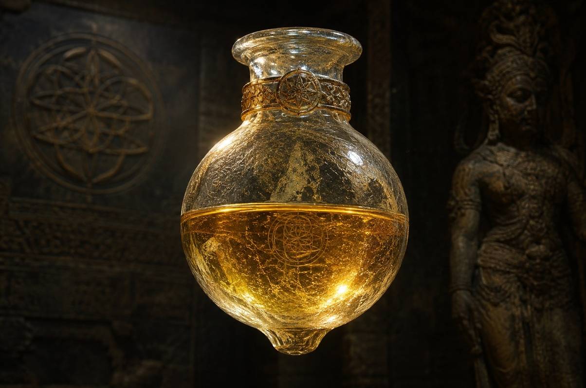 Ancient glass alabaster flask containing golden luminous oil suspended in mid-air