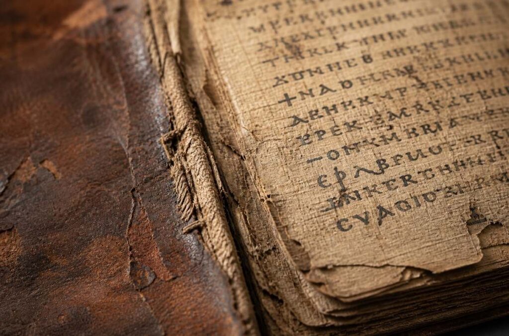 Close-up of an ancient Coptic codex with worn leather binding and exposed papyrus pages showing dark ink script.