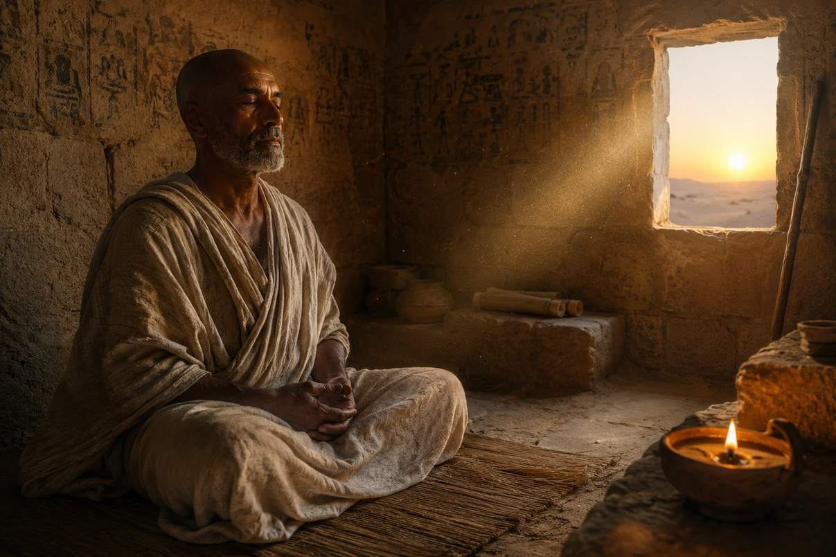 Ancient Egyptian desert hermit seated in meditation at dawn within stone cell