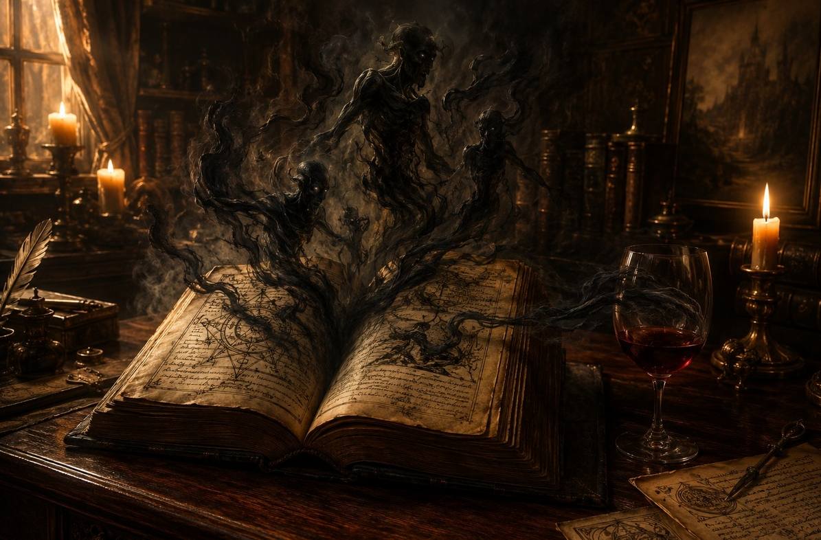 Shadow entities emerging from the pages of an ancient leather-bound grimoire in a candlelit study