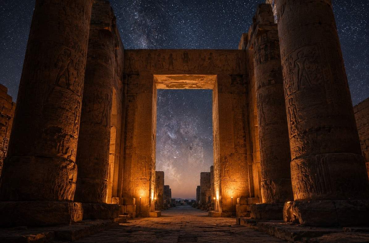 Ancient stone temple gateway at twilight with star-filled sky beyond