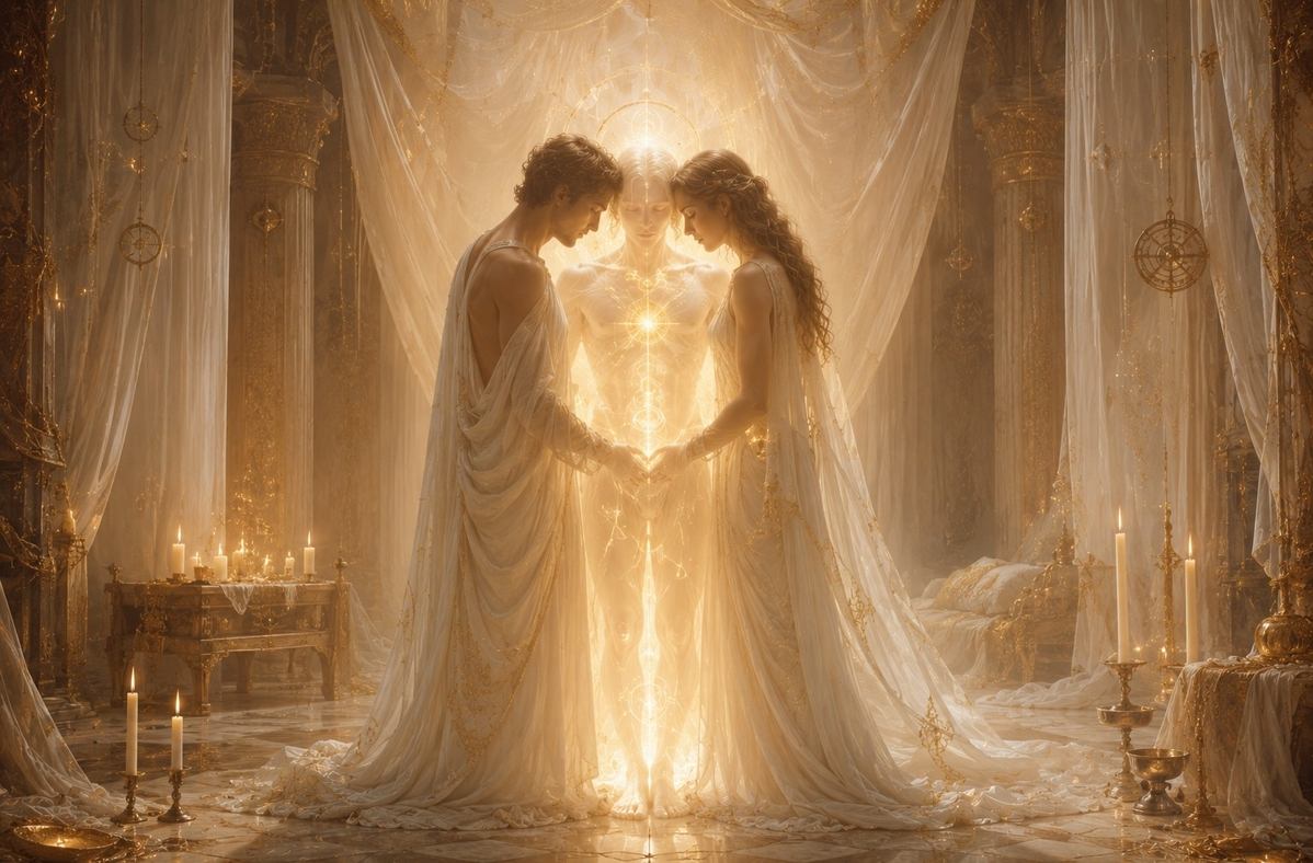 Two figures merging into a single luminous androgynous form in an ancient bridal chamber